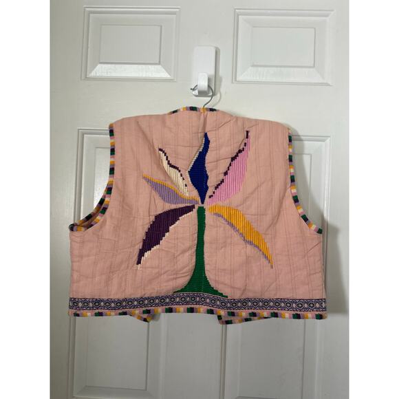Zara Embroidered Vest Palm Tree Geometric Open Front Crop Pink Women's Large - Picture 4 of 6